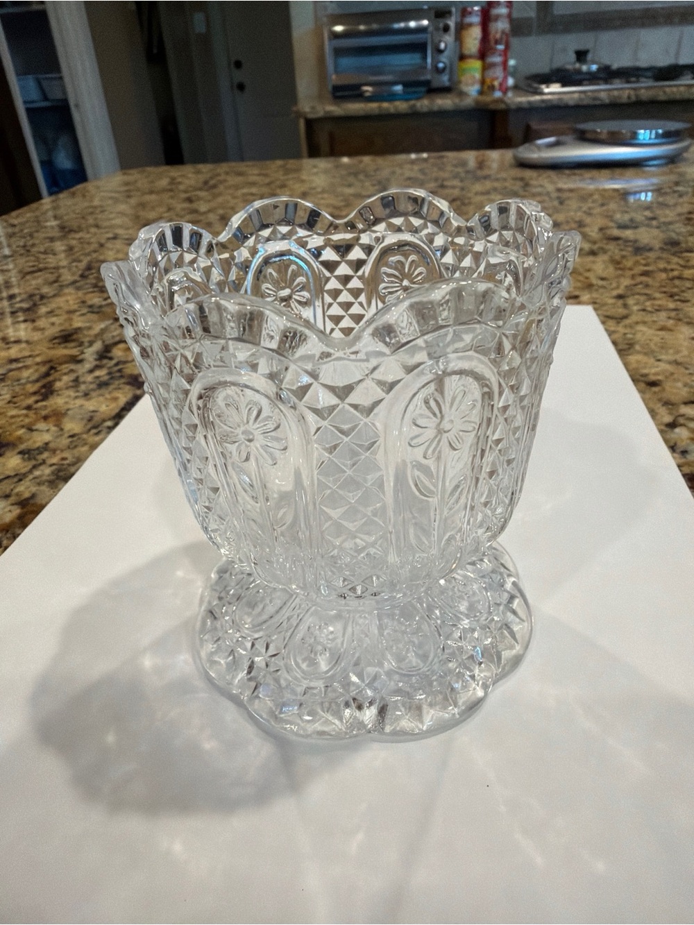Avon Clear Pressed Glass Floral Scalloped Rim Decorative Vase